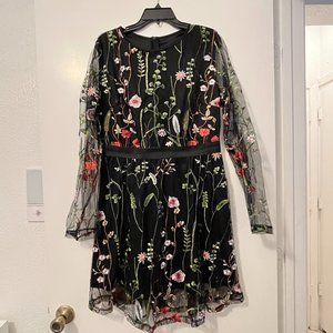 Black floral midi dress with sheer sleeves lace and zip up closure